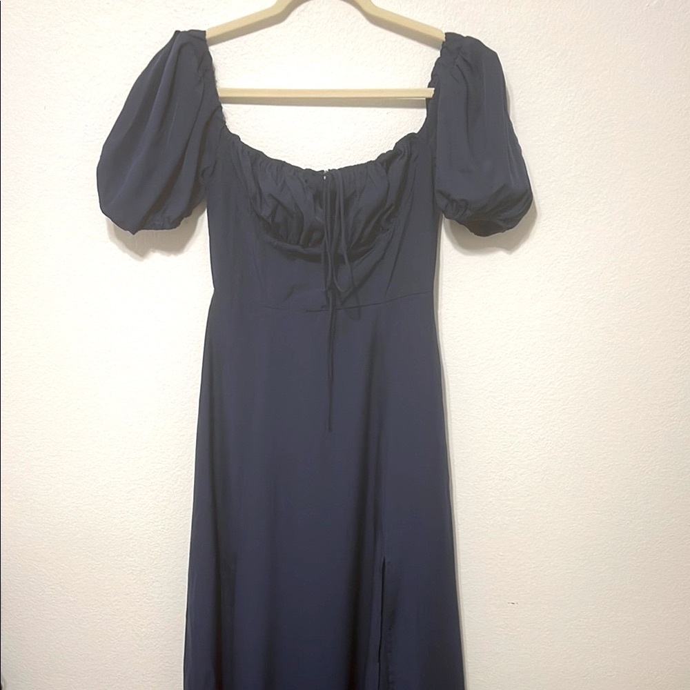 Kutumai Maxi Off-Shoulder Puff Sleeve Dress Front Slit Navy Size Small PTP 15 “